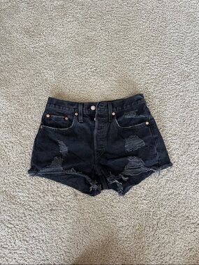 High-Rise Distressed Black Denim Shorts